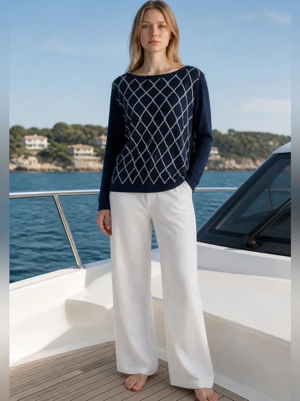 Nautica Jeans Women’s “Intarsia” Navy Blue Knit Boatneck Sweater NWT (O)